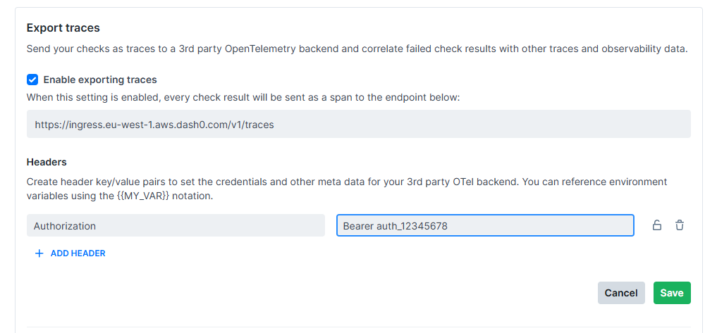 Fill in the values into Checkly